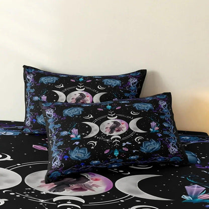 Triple Moon Black Raven Wicca Duvet Cover Set Wiccan Bedding Set Witchy Home Decor-MoonChildWorld
