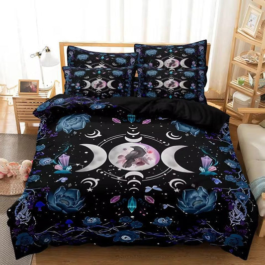 Triple Moon Black Raven Wicca Duvet Cover Set Wiccan Bedding Set Witchy Home Decor-MoonChildWorld