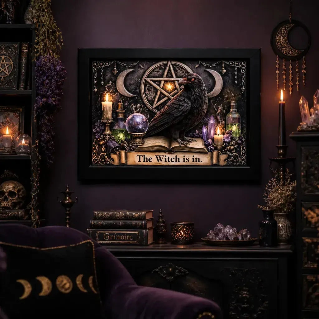 Triple Moon & Black Raven Witchy Art Print - Gothic Crow Black Framed Canvas Wall Art for Wiccan Home Decor_mockup_1.webp