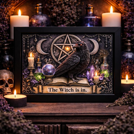 Triple Moon & Black Raven Witchy Art Print - Gothic Crow Black Framed Canvas Wall Art for Wiccan Home Decor-MoonChildWorld