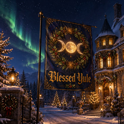 Close-up of Triple Moon Blessed Yule house flag showing winter pagan artwork