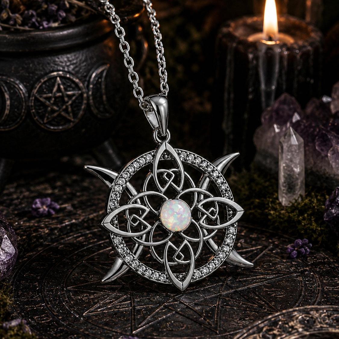 Triple Moon Celtic Knot Wiccan Necklace with Opal Crystal - Witchy Jewelry for Pagan-MoonChildWorld