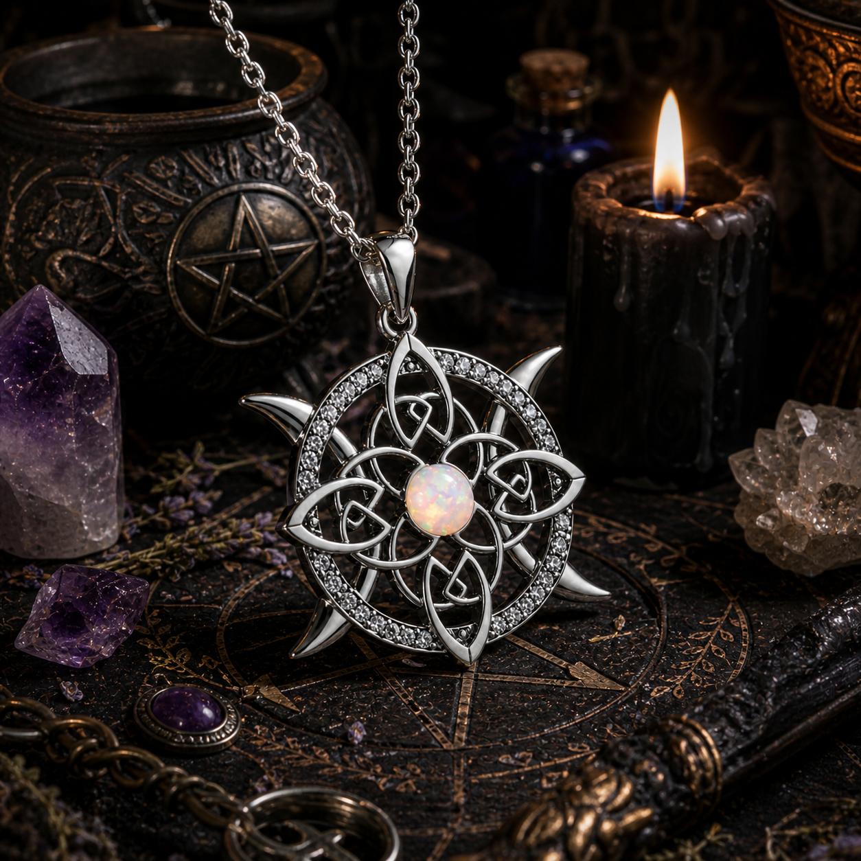 Triple Moon Celtic Knot Wiccan Necklace with Opal Crystal - Witchy Jewelry for Pagan-MoonChildWorld