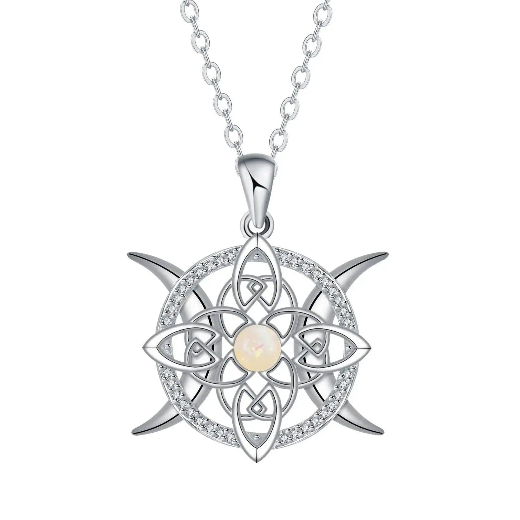 Triple Moon Celtic Knot Wiccan Necklace with Opal Crystal - Witchy Jewelry for Pagan-MoonChildWorld