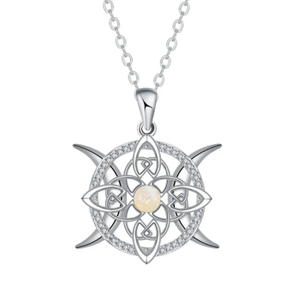 Triple Moon Celtic Knot Wiccan Necklace with Opal Crystal - Witchy Jewelry for Pagan-MoonChildWorld