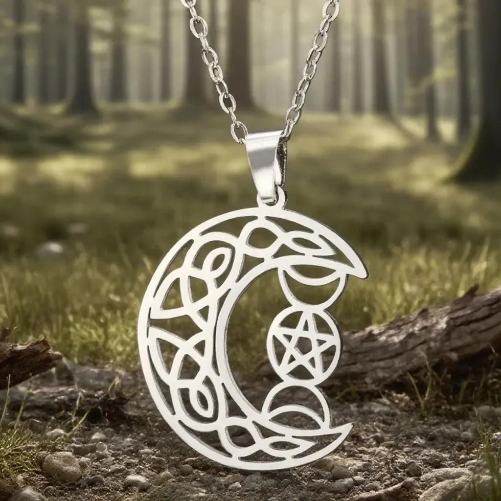 Triple Moon Celtic Moon Necklace Pentagram Wiccan Necklace Protection Jewelry-MoonChildWorld