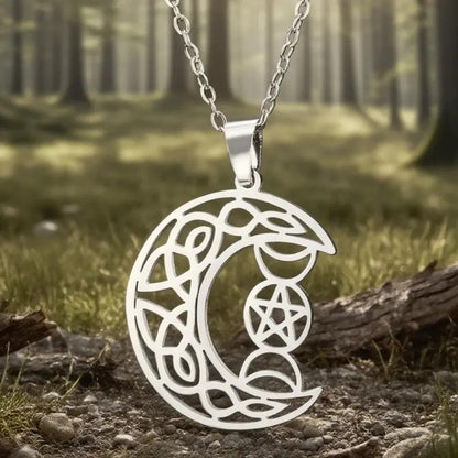 Triple Moon Celtic Moon Necklace Pentagram Wiccan Necklace Protection Jewelry-MoonChildWorld