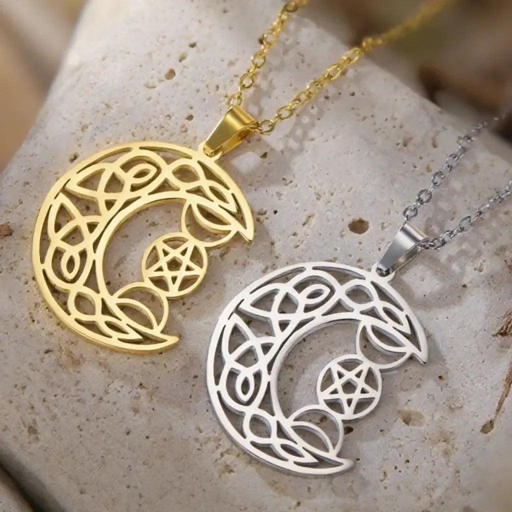 Triple Moon Celtic Moon Necklace Pentagram Wiccan Necklace Protection Jewelry-MoonChildWorld