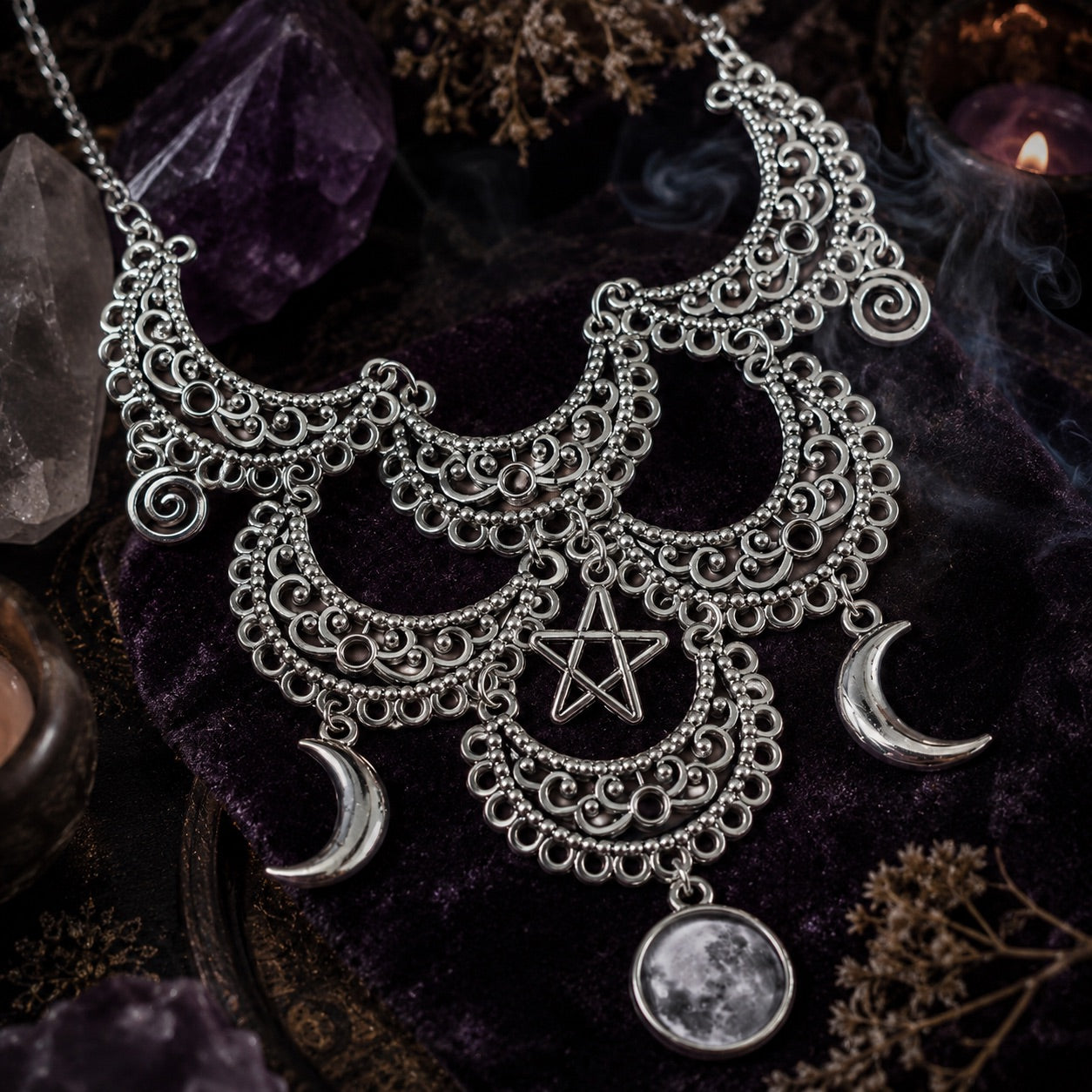 Triple Moon Choker Gothic Witchcraft Pentagram Necklace-MoonChildWorld