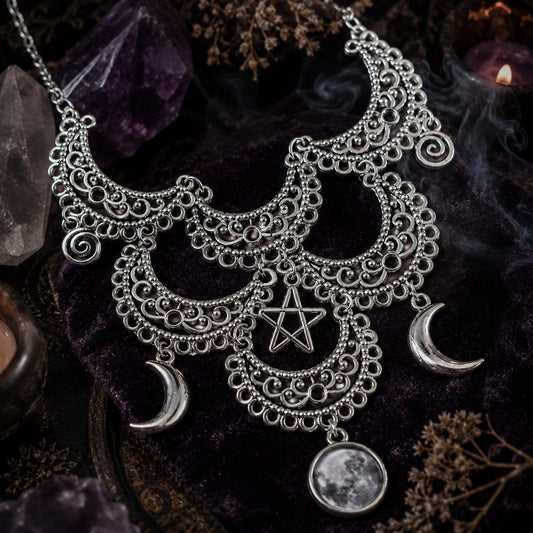 Triple Moon Choker Gothic Witchcraft Pentagram Necklace-MoonChildWorld