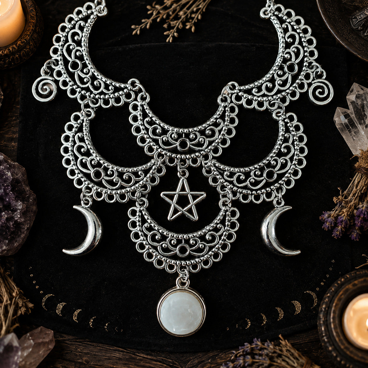 Engraved Moon Choker Gothic Witchcraft Pentagram Necklace-MoonChildWorld