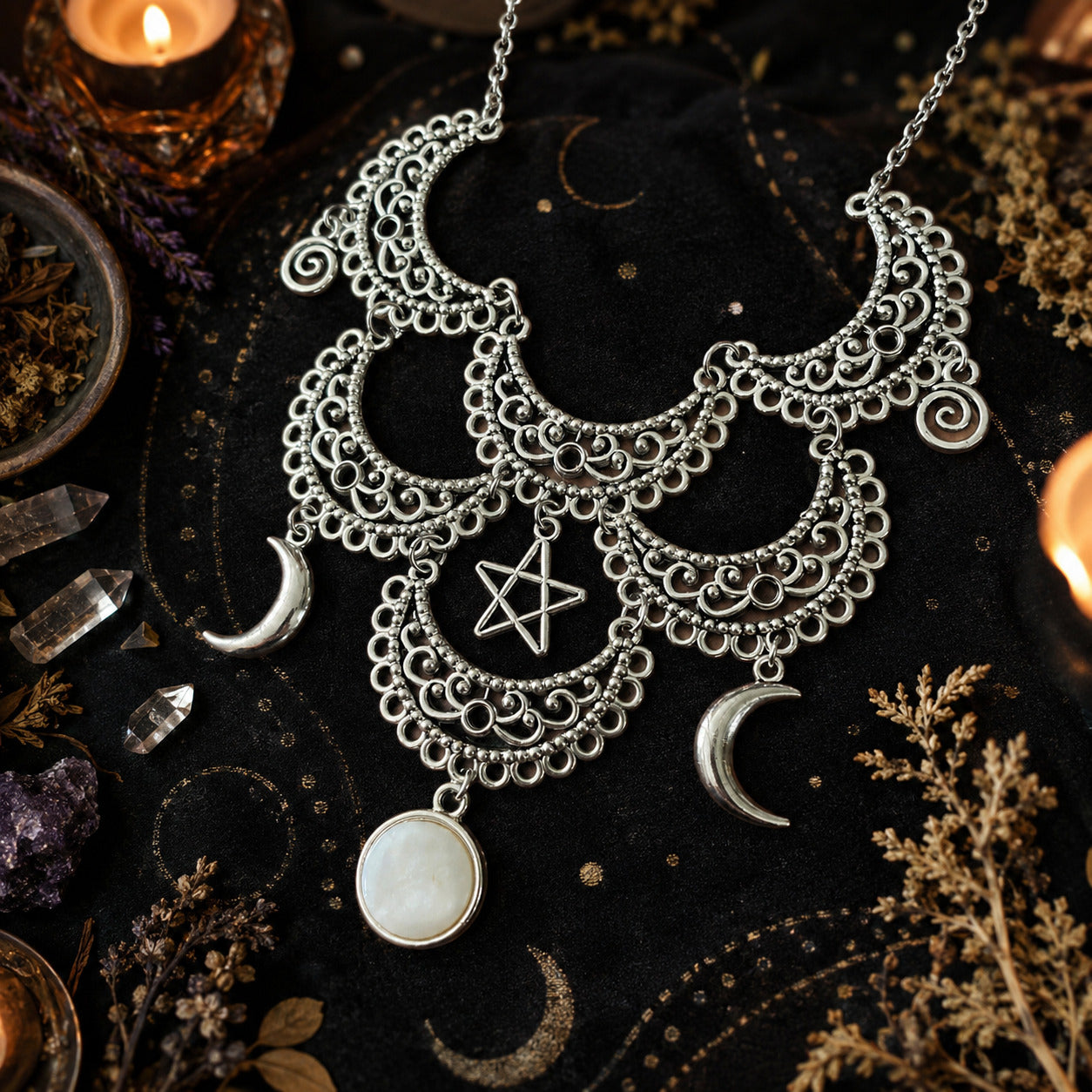 Engraved Moon Choker Gothic Witchcraft Pentagram Necklace-MoonChildWorld