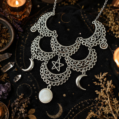 Engraved Moon Choker Gothic Witchcraft Pentagram Necklace-MoonChildWorld