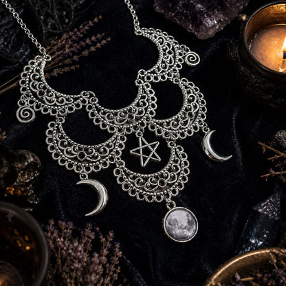 Triple Moon Choker Gothic Witchcraft Pentagram Necklace-MoonChildWorld