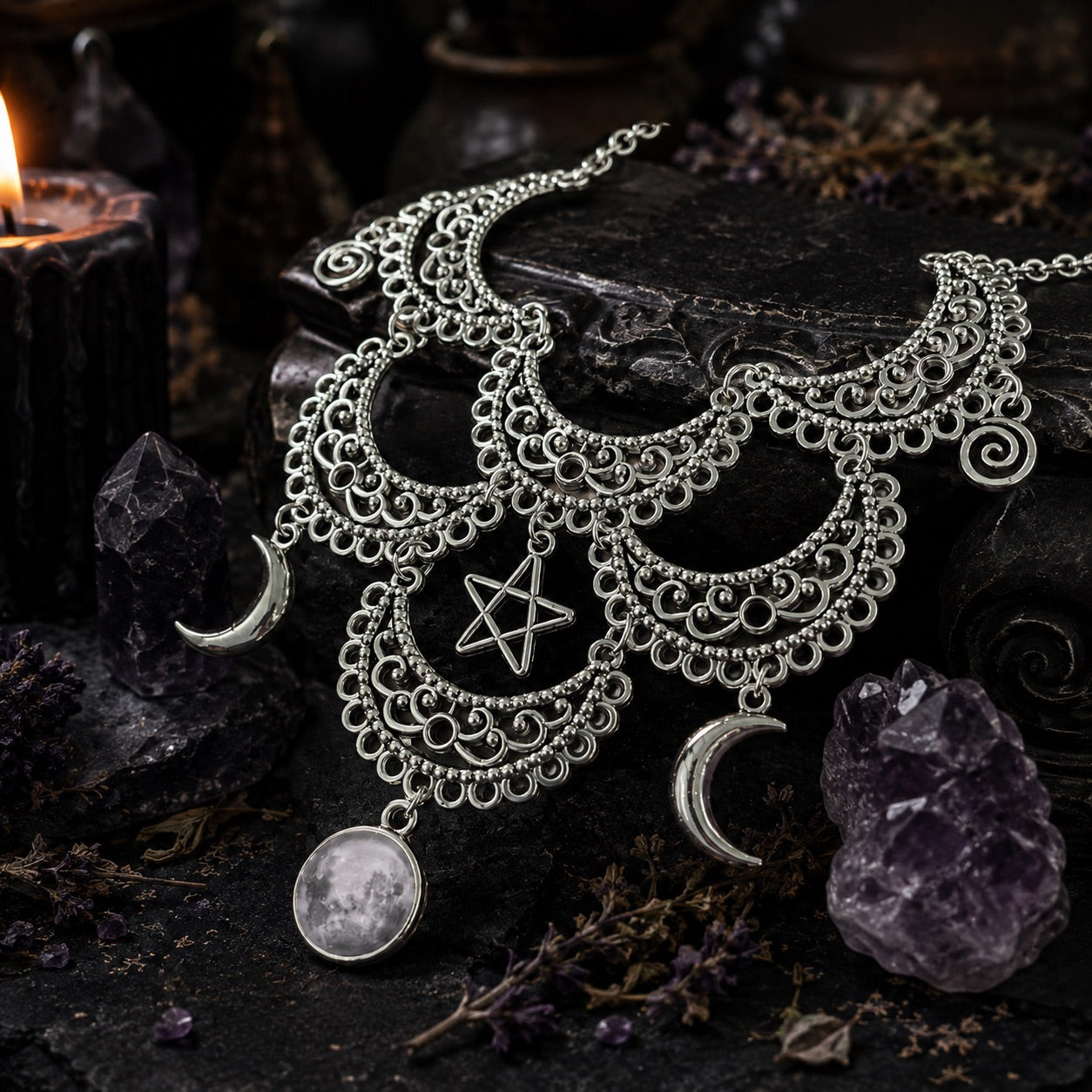 Triple Moon Choker Gothic Witchcraft Pentagram Necklace-MoonChildWorld