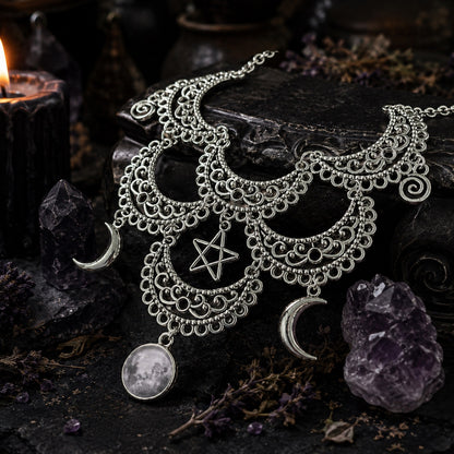 Triple Moon Choker Gothic Witchcraft Pentagram Necklace-MoonChildWorld