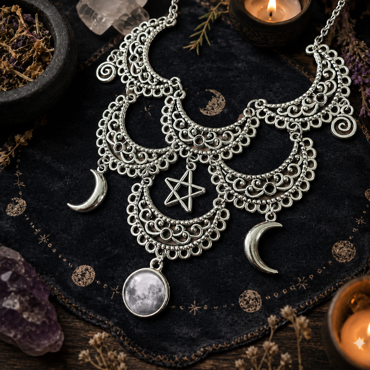 Engraved Moon Choker Gothic Witchcraft Pentagram Necklace-MoonChildWorld