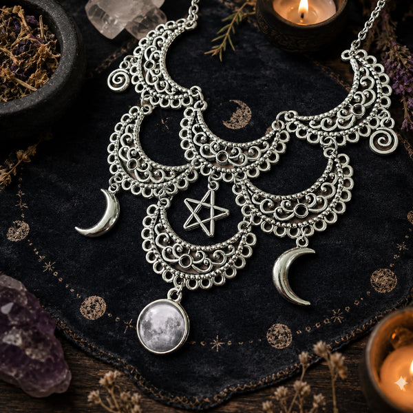 Triple Moon Choker Gothic Witchcraft Pentagram Necklace