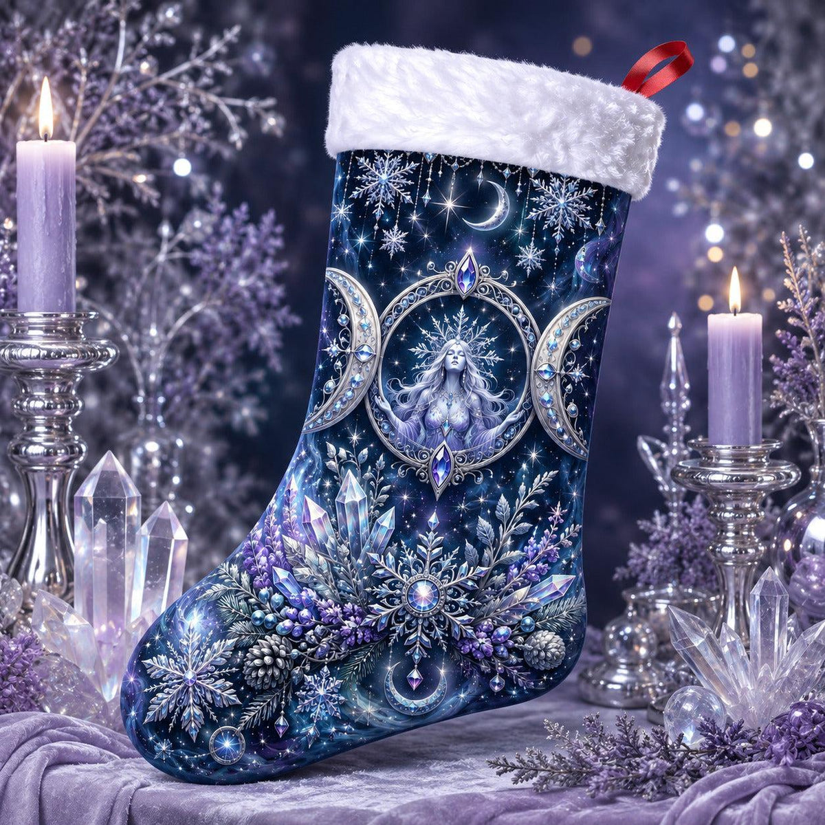 Triple Moon Christmas Stocking Blue Crystal Wiccan Goddess Decor