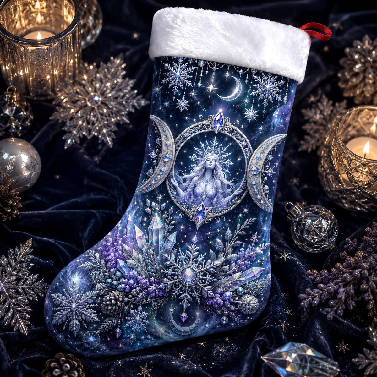 Triple Moon Christmas Stocking Blue Crystal Wiccan Goddess Decor, styled shot 3