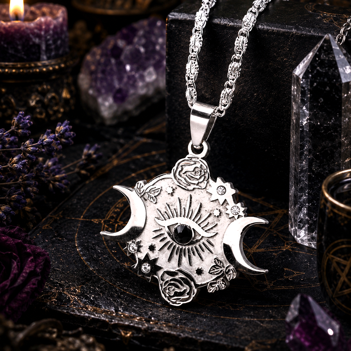 Silver necklace with a pendant on a dark surface with candles and crystals