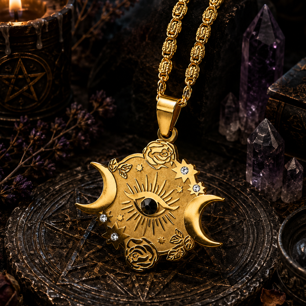 Gold pendant with celestial design on a dark background with candles and crystals
