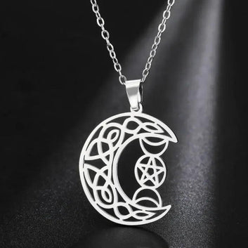 Triple Moon Goddess Celtic Moon Necklace Pentagram Wiccan Necklace Protection Jewelry-MoonChildWorld