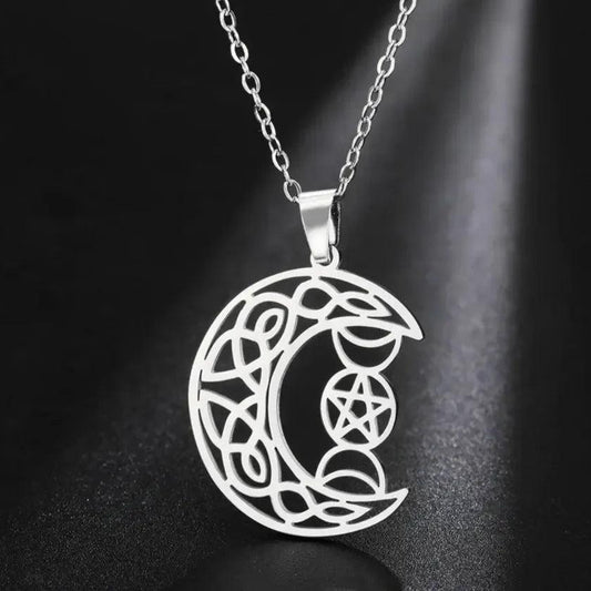 Triple Moon Goddess Celtic Moon Necklace Pentagram Wiccan Necklace Protection Jewelry-MoonChildWorld