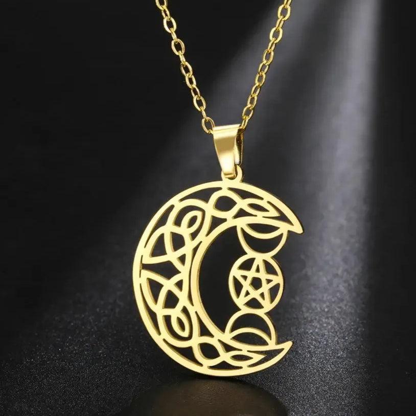 Triple Moon Goddess Celtic Moon Necklace Pentagram Wiccan Necklace Protection Jewelry-MoonChildWorld