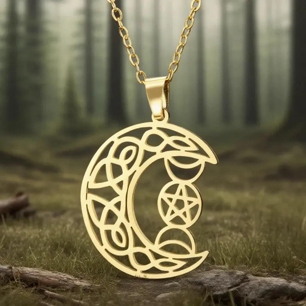Triple Moon Goddess Celtic Moon Necklace Pentagram Wiccan Necklace Protection Jewelry-MoonChildWorld