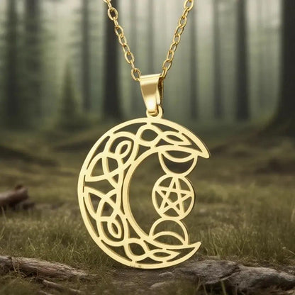Triple Moon Goddess Celtic Moon Necklace Pentagram Wiccan Necklace Protection Jewelry-MoonChildWorld