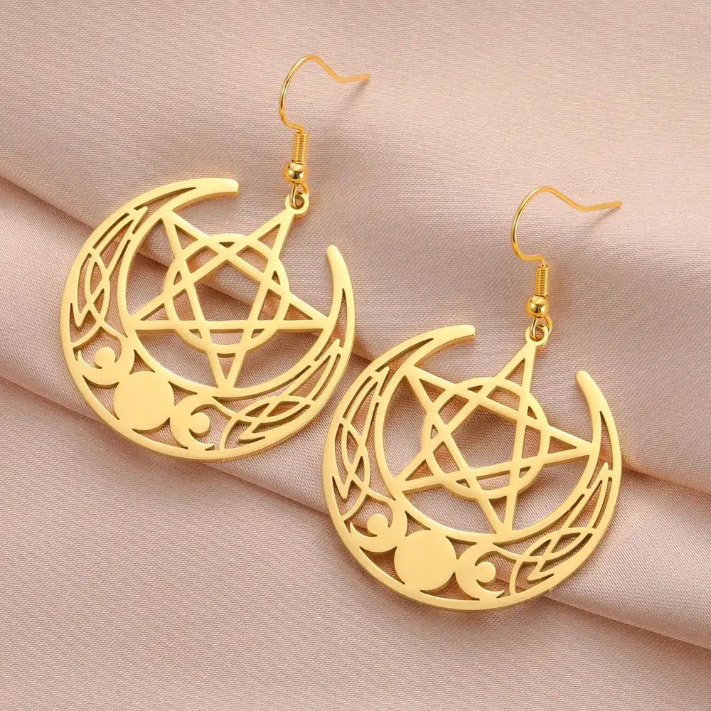 Triple Moon Goddess Earrings Crescent Moon Pentacle Witchcraft Jewelry-MoonChildWorld