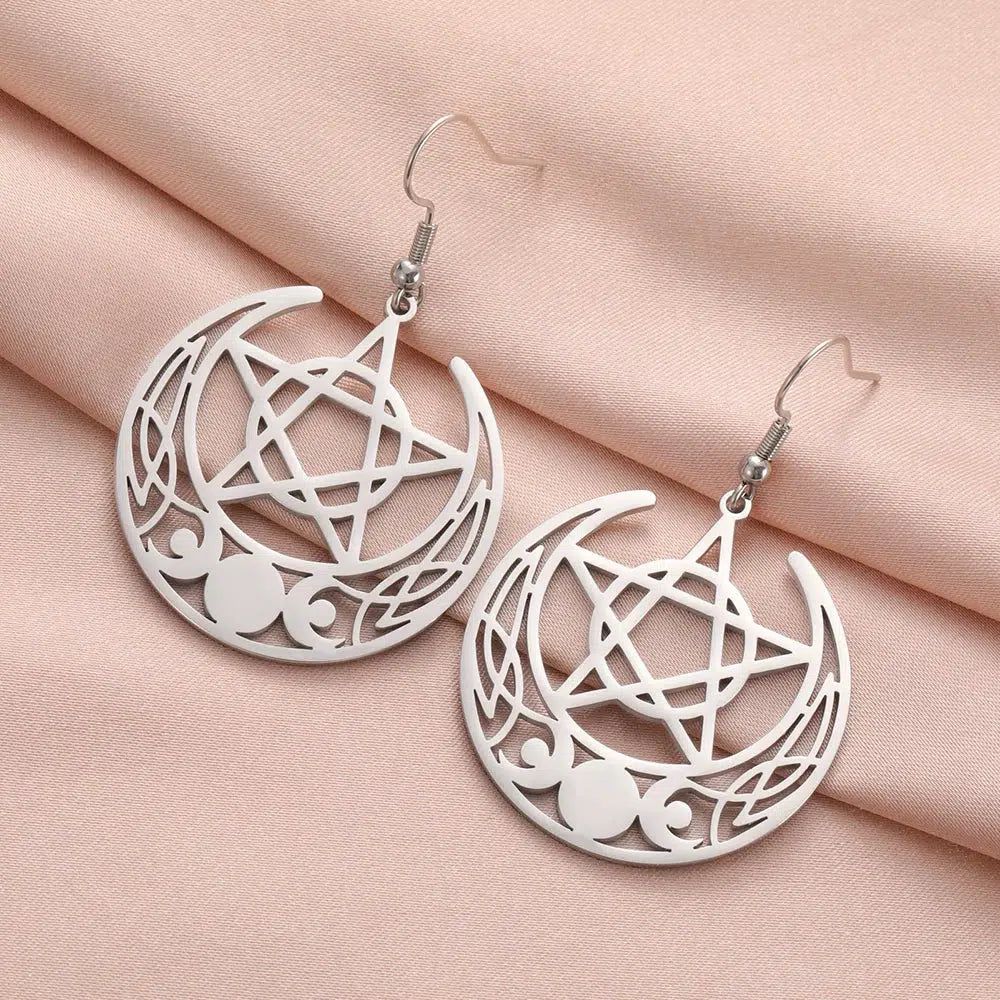 Triple Moon Goddess Earrings Crescent Moon Pentacle Witchcraft Jewelry-MoonChildWorld