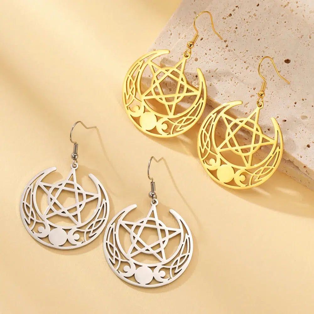 Triple Moon Goddess Earrings Crescent Moon Pentacle Witchcraft Jewelry-MoonChildWorld