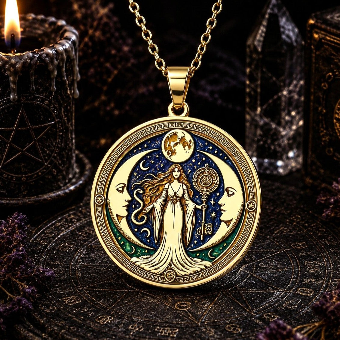 A gold-toned circular pendant necklace featuring an ornate fantasy illustration of a celestial goddess in a flowing gown under a crescent moon and stars, with a moon and sun motif at the top. The pendant is displayed against a dark, mystical background with a lit candle, crystal, and occult-themed surface.
