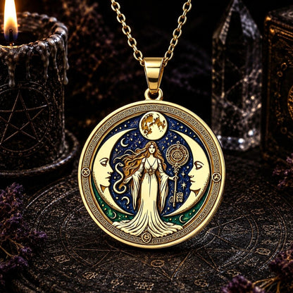 A gold-toned circular pendant necklace featuring an ornate fantasy illustration of a celestial goddess in a flowing gown under a crescent moon and stars, with a moon and sun motif at the top. The pendant is displayed against a dark, mystical background with a lit candle, crystal, and occult-themed surface.