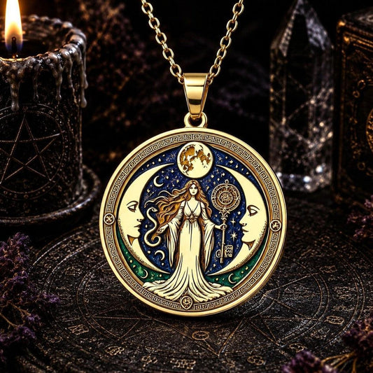 A gold-toned circular pendant necklace featuring an ornate fantasy illustration of a celestial goddess in a flowing gown under a crescent moon and stars, with a moon and sun motif at the top. The pendant is displayed against a dark, mystical background with a lit candle, crystal, and occult-themed surface.