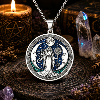 A round silver pendant necklace featuring a celestial goddess design with a crescent moon, sun, stars, and a key, displayed on a dark textured surface with candles, crystals, and dried flowers.