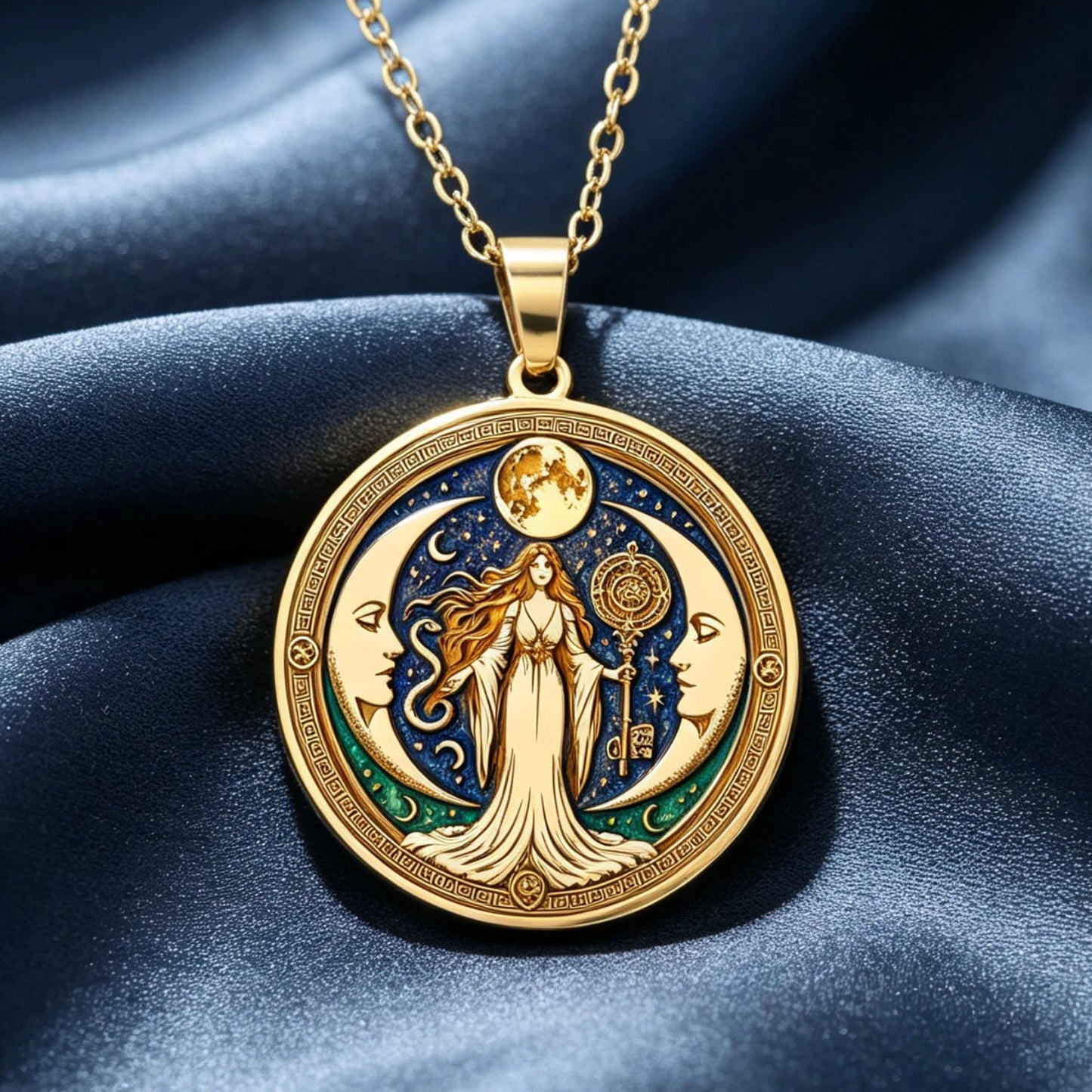 Triple Moon Goddess Enamel Necklace Wiccan Witch Amulet-MoonChildWorld