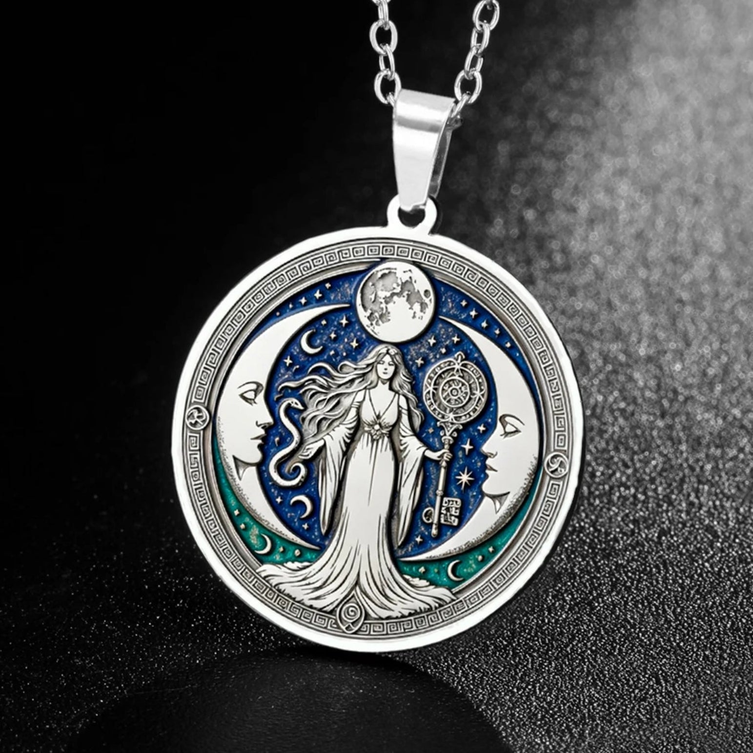 Triple Moon Goddess Enamel Necklace Wiccan Witch Amulet-MoonChildWorld
