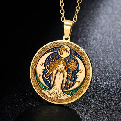 Triple Moon Goddess Enamel Necklace Wiccan Witch Amulet-MoonChildWorld