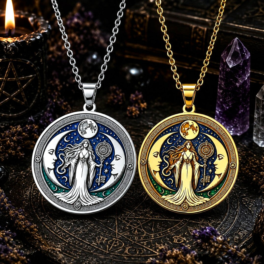 Two round pendant necklaces displayed side by side on a dark mystical surface. One necklace is silver-toned with a silver chain and pendant, featuring a crescent moon, full moon, and a triple moon goddess holding a staff.