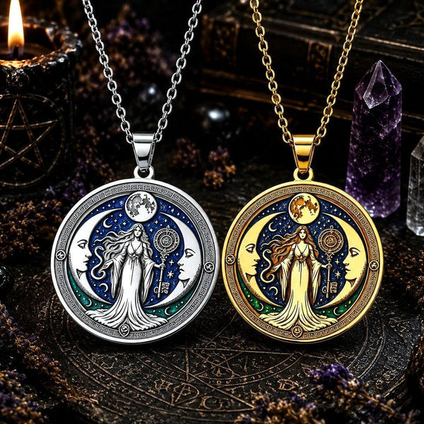 Two round pendant necklaces displayed side by side on a dark mystical surface. One necklace is silver-toned with a silver chain and pendant, featuring a crescent moon, full moon, and a triple moon goddess holding a staff.