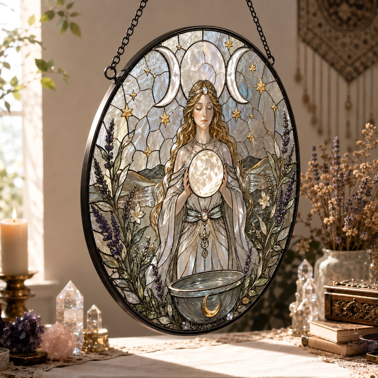 Triple Moon Goddess Glass Suncatcher - hanging view