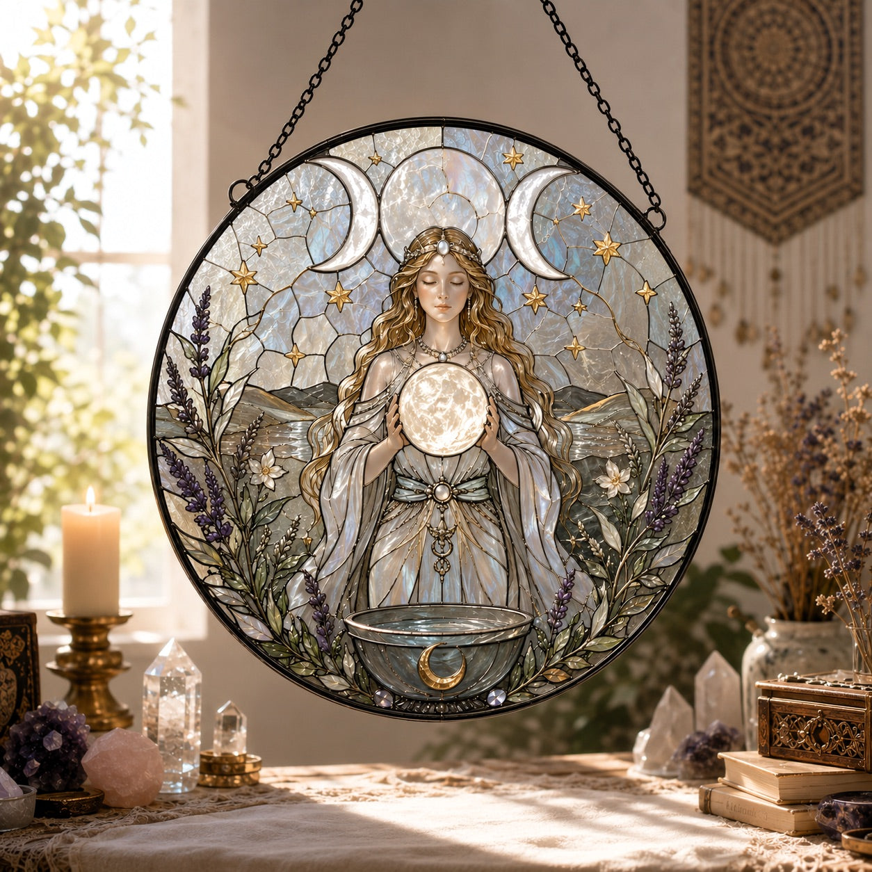 Triple Moon Goddess Glass Suncatcher - close up detail
