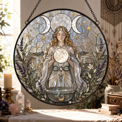Triple Moon Goddess Glass Suncatcher - window display