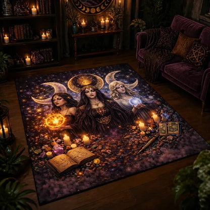 Triple Moon Goddess Hecate Area Rug – Sacred Pagan Carpet for Witchy Room_mockup_1.webp