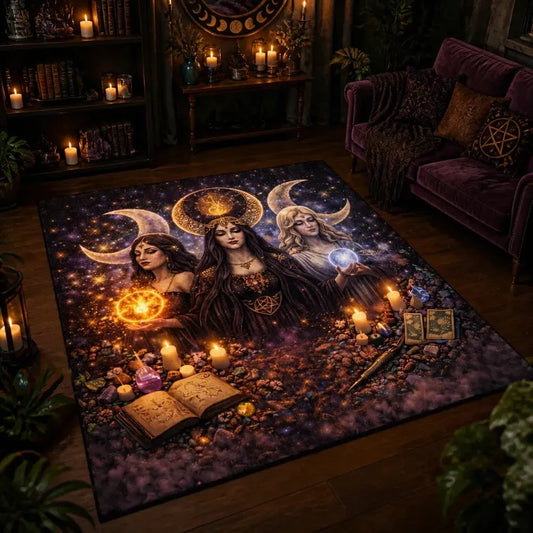 Triple Moon Goddess Hecate Area Rug – Sacred Pagan Carpet for Witchy Room_mockup_1.webp