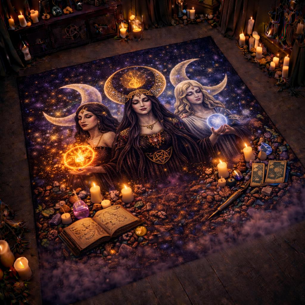 Triple Moon Goddess Hecate Area Rug – Sacred Pagan Carpet for Witchy Room-MoonChildWorld