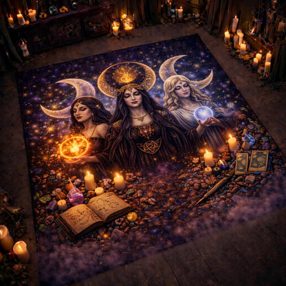 Triple Moon Goddess Hecate area rug with three women, celestial moons, and mystical elements.